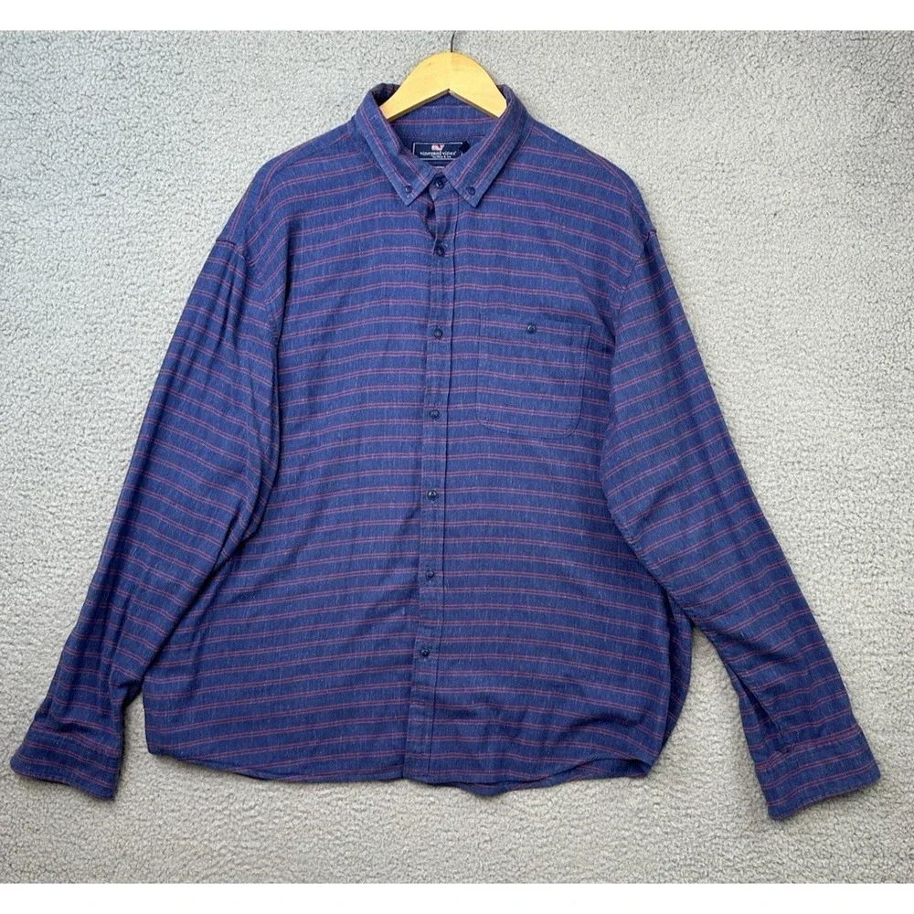 Vineyard Vines Slim Longshore Shirt Mens Sz XL Blue Red Striped Linen Blend